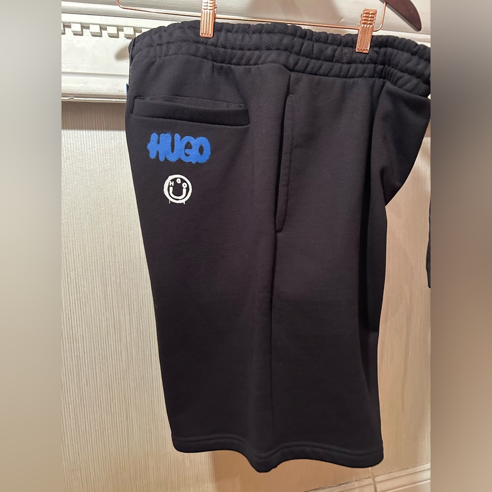 HUGO Black Athletic Men's Shorts with Blue Logo